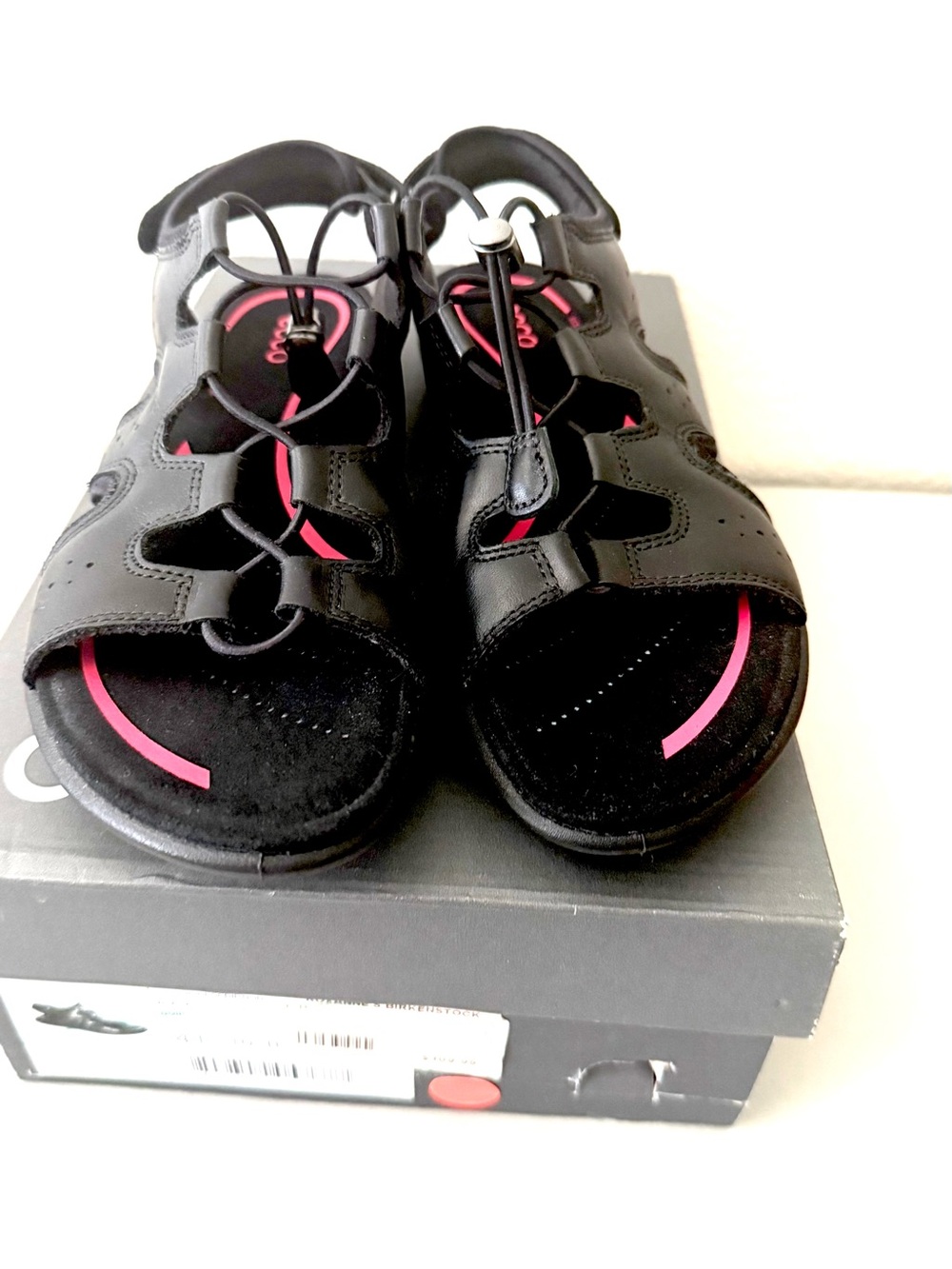 Ladies Ecco Black Sandals with Pink Accents - Comfortable Everyday Sport Sandals